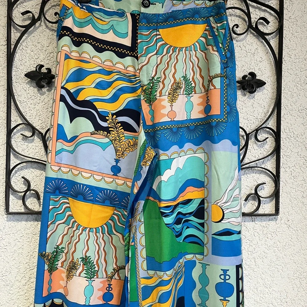 Anthropologie Blue Green Yellow Patchwork Wide-Leg Pants - Picture 6 of 13